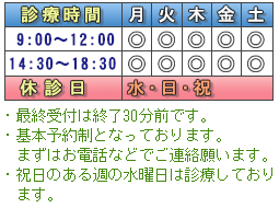 診療時間:月/火/木/金/土 9:00～18:30　休診日:水/日/祝